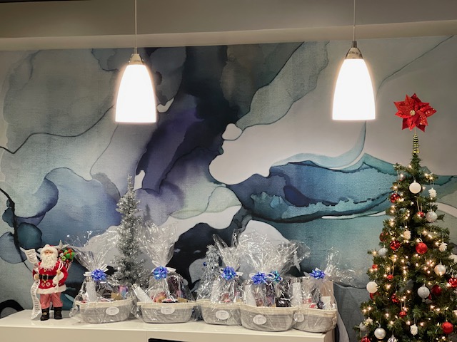 Holiday gift baskets staged for the 2022 church sponsorship