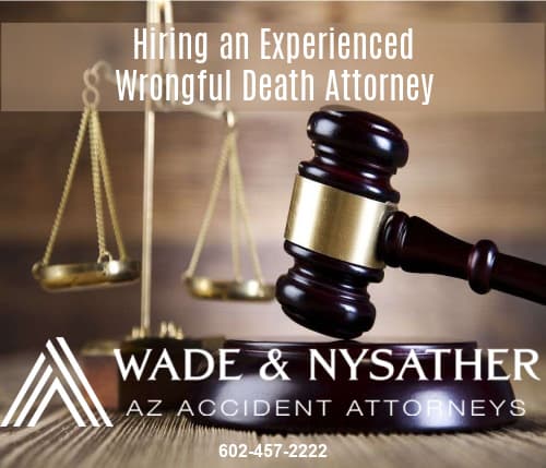 Graphic of Legal Gavel and legal scales with text overlay Hiring-an-Experienced-Wrongful-Death-Attorney